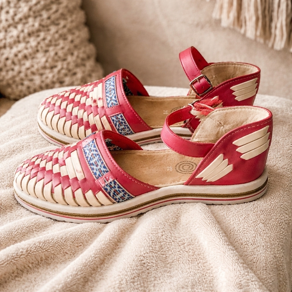 Boho Red Leather Huarache Woven Sandals Handmade Slip On Flats Size 9